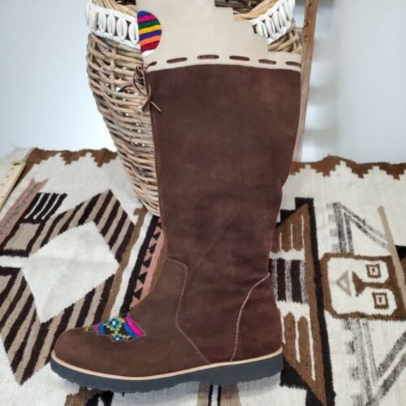 Fortress of Inca Tall Boots Suede Brown Motifs Tribal Boho Hippie Women 7 Peru - Picture 7 of 12